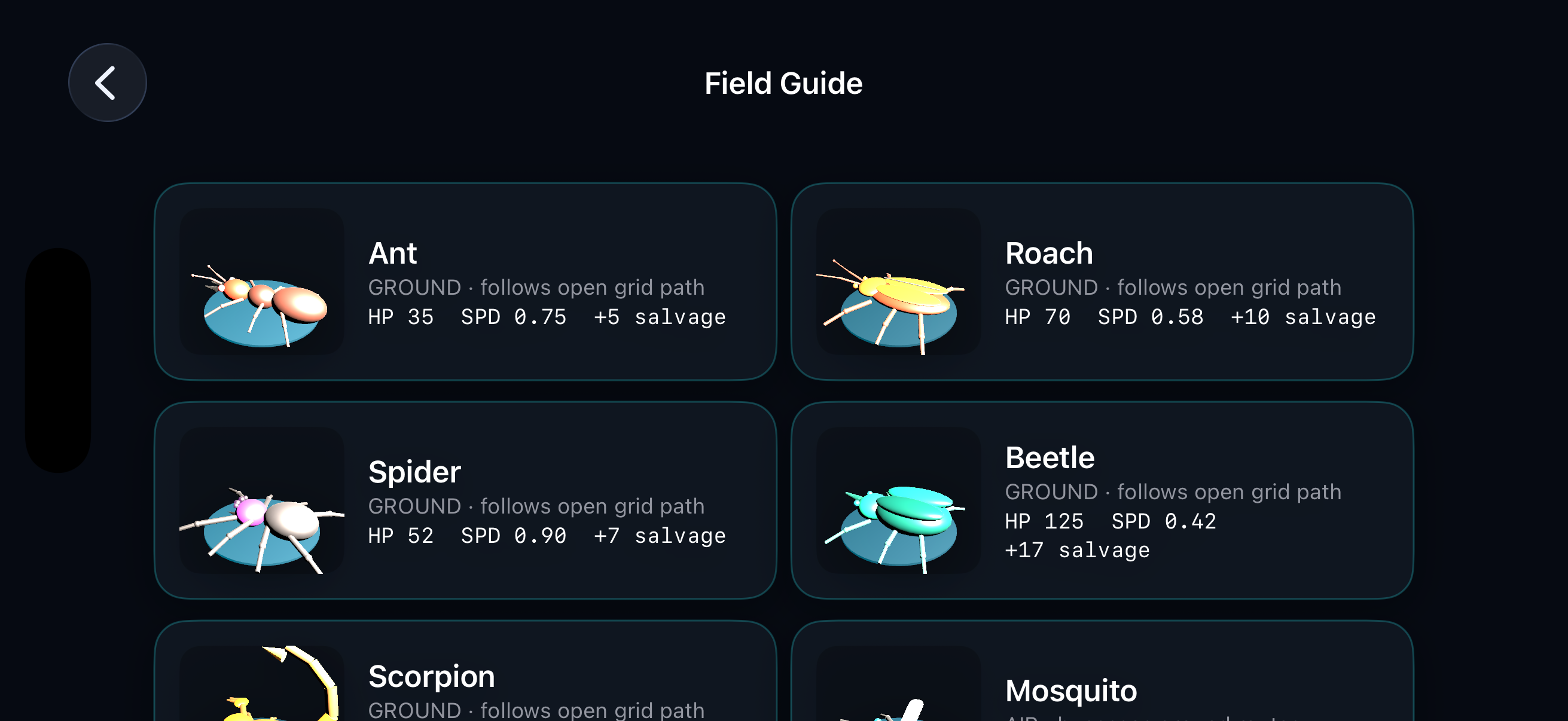 Room Siege AR Field Guide showing detailed 3D ant, roach, spider, and beetle models