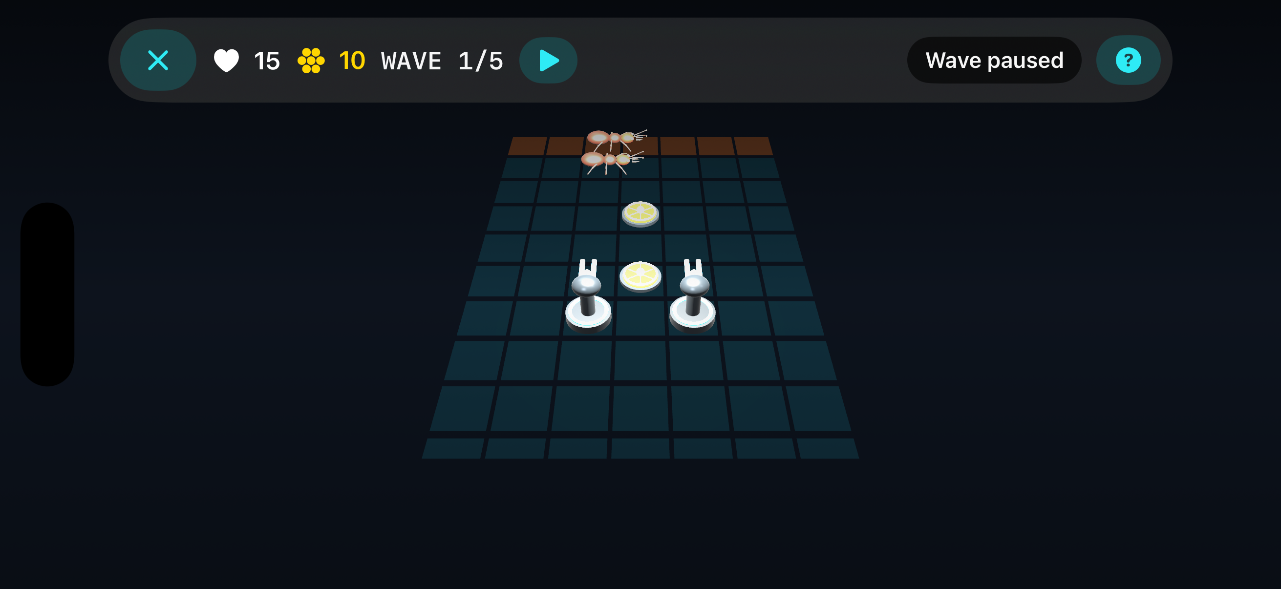 Room Siege AR battlefield with turrets, route tiles, enemies, and tactical HUD