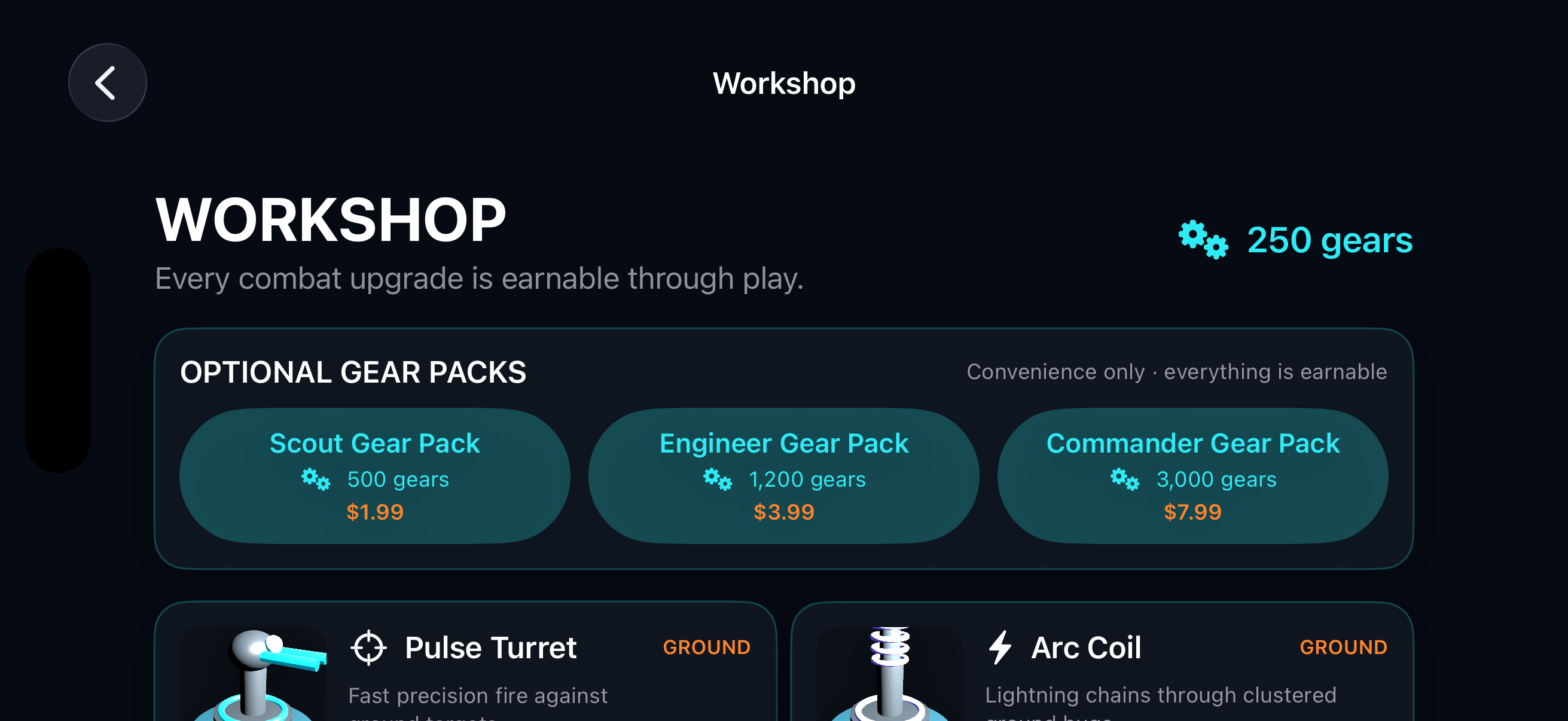 Room Siege AR Workshop showing 3D defense previews, upgrades, and optional gear packs